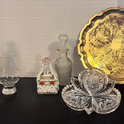 Brass Plate England, Porcelain Doll Pin Cushion, Vanity Trinket Box, Scotch Glasses (2)