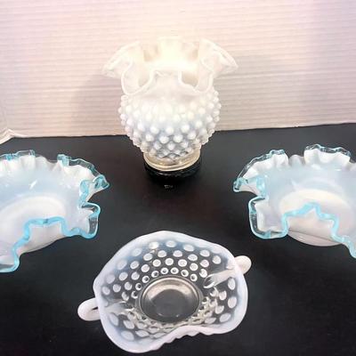 Fenton Aqua Crest Opalescent Ruffled Dish (2), Iridescent Fenton Crimped Hobnail Vase 