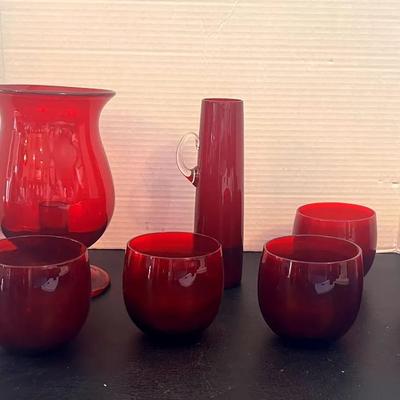 Blown Glass Red Candlestick Holder & Vase Japan, 6 Votive Red Cups 