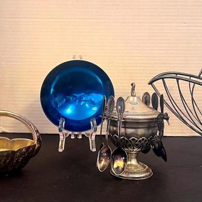 Wire Wine Holder Basket, Silverplate Sugar Container Demitasse Spoons, West Germany Candlesticks 