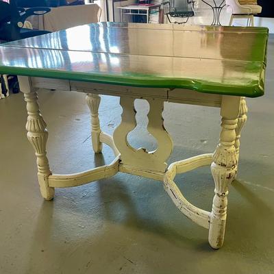 Vintage Wood and Enamel Drop Leaf Table 