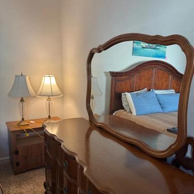 Dresser With Mirror, Matching Headboard, Side table and Lamps 