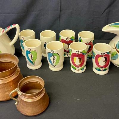 Ceramic Pitchers, Glasses and Copper