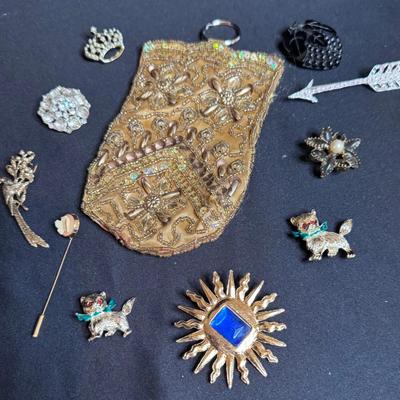 Brooches and Gold Pouch 