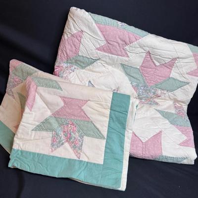 Quilt and Two Shams in Green and Pink