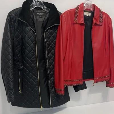 St. John Sport red leather jacket with gold-tone grommet and stud detailing & black Marc New York by