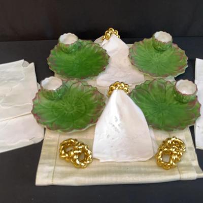 Vintage Sur La Table Majolica Artichoke Chip and Dip Bowls with Table Linens