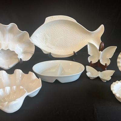 White ceramic serving dish, clams, fish butterfly