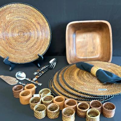 Play Settings With Napkin Holders, Play settings with napkin holders, teak, salad bowl, and utensils