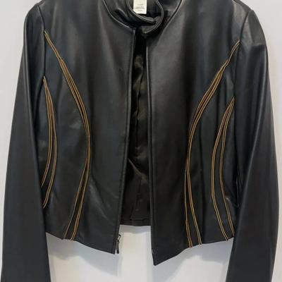  Anne Klein Drak Brown leather jacket with Light Brown piping accents