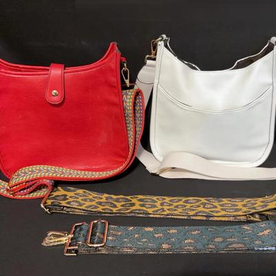 Red & White Soft Leather Handbags With 2 Shoulder Straps 