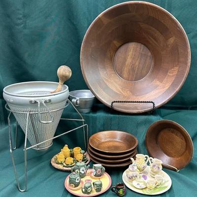 Miniature Tea Sets, Wooden Salad Set and Metal Canning Strainer