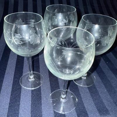 Set of 5 Etched Floral Stemmed Wine Glasses