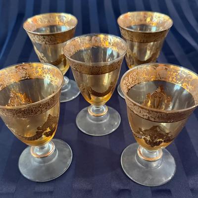 Set of 6 Vintage Gold Gilt / Etched Glass Goblets