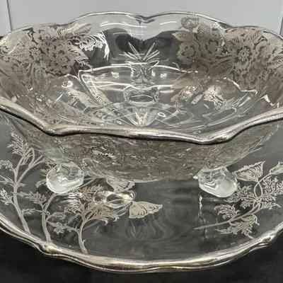 Vintage Etched Glass Footed Bowl with Matching Plate / Undertray