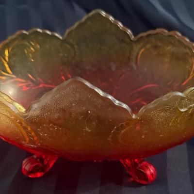 Vintage Amberina Pressed Glass Footed Bowl – Scalloped Rim