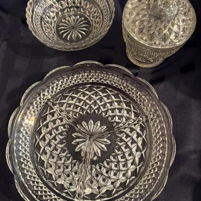 Vintage Pressed Glass Serving Set – Divided Relish Tray, Candy Dish w/ Lid & Matching Bowls