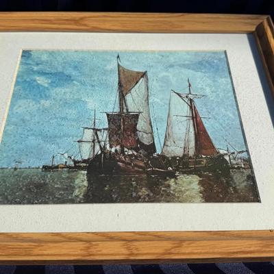 Framed Nautical Harbor Scene Art Print – Vintage Sailboats on Water, Wood Frame