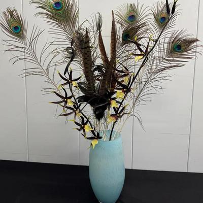 Decorative Peacock Feather & Botanical Arrangement in Aqua Glass Vase