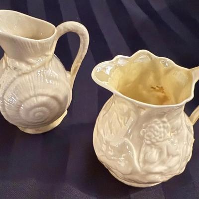 Pair of Belleek-Style Shell Motif Creamers / Small Pitchers – Ivory Porcelain