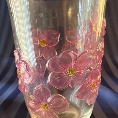Hand-Blown Art Glass Vase with Applied Pink Flowers