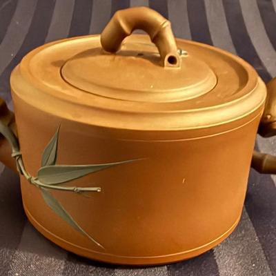 Asian-Style Clay Teapot with Bamboo Motif Lid & Handles