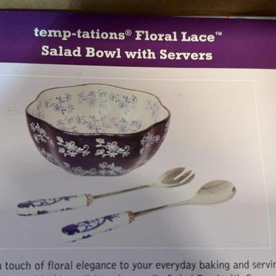 Temp-Tations Floral Lace Salad Bowl + Servers & 16QT Stock Pot 