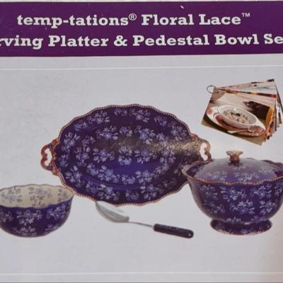 Temp-Tations Floral Lace Serving Platter & Pedestal Bowl Set - Qty 2 