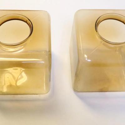 Pair of Large Amber Glass Square Vases / Candle Holders – Modern Cube Design
