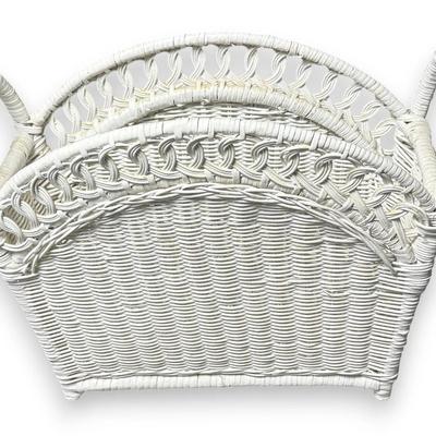 Vintage White Wicker Magazine Rack with Handles