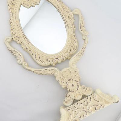 Vintage Cast Iron Cream White Ornate Standing Tiltable Dresser Mirror
