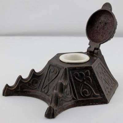 Cast Iron Art Nouveau Inkwell with Pen Rest