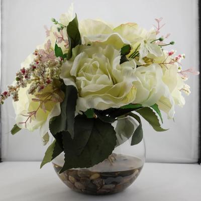 Faux White Rose Floral Arrangement in Glass Vase