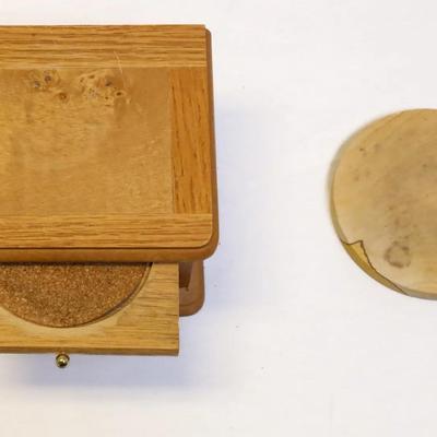 Vintage 1970s Wood & Cork 8-Piece Coaster Set with Chest-Style Wooden Box