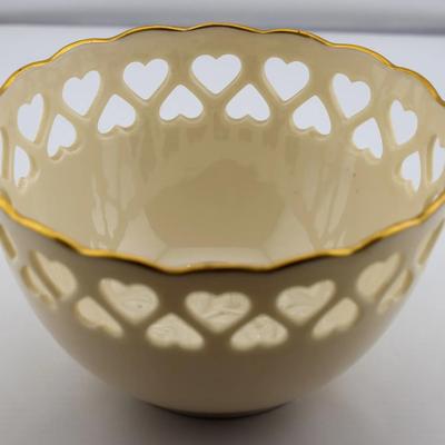 Hand-Decorated 24K Gold Vintage Lenox Heart Candy Bowl with Pierced Design