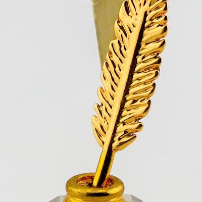 Miniature Crystal Inkwell with 24K Gold Hand-Decorated Feather Dip Pen