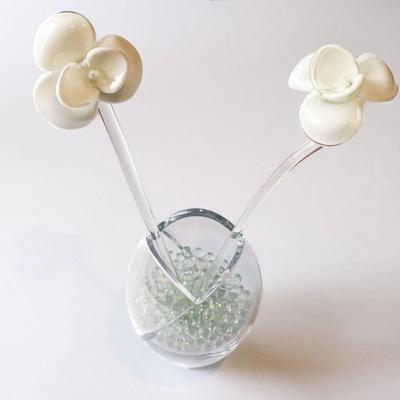 Tall Hand-Blown Art Glass White Flower Stems with Clear Vase 