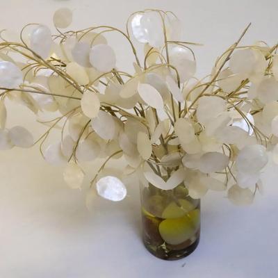 Decorative Faux Capiz Leaf Floral Arrangement in Glass Vase
