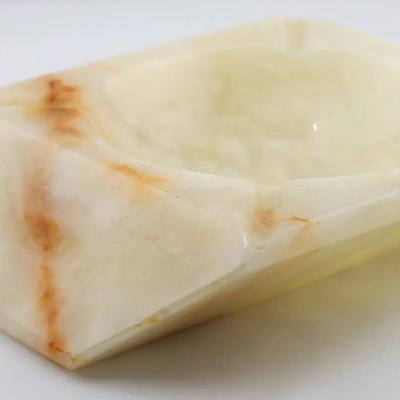 Vintage Hand Carved Natural Stone Ashtray with Faceted Corners – Onyx/Marble Look
