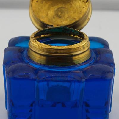 Antique Cobalt Blue Glass Inkwell with Brass Hinged Lid