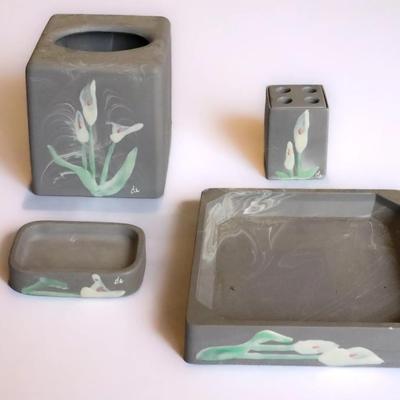 4-Piece Stoneware Bathroom Accessory Set with Floral Motif
