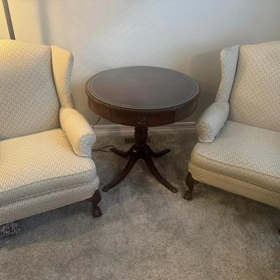 MCM Mahogany Drum Round Side Table & Queen Anne Style Chairs 