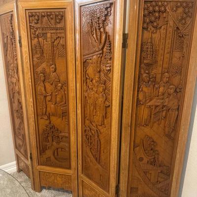 Asian Hand Carved Four-Panel Room Divider 