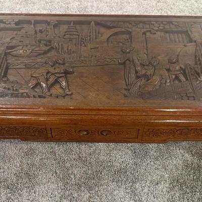 Asian Hand Carved Wood Coffee Table with Glass Top