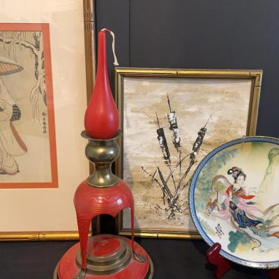 Japanese “Lovers In Snow”, Signed Painting on Canvas, Brass Candle Holder, and Collectors Plate
