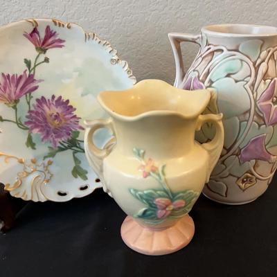 Roseville and Hull Vases & Haviland Hand Painted Plate