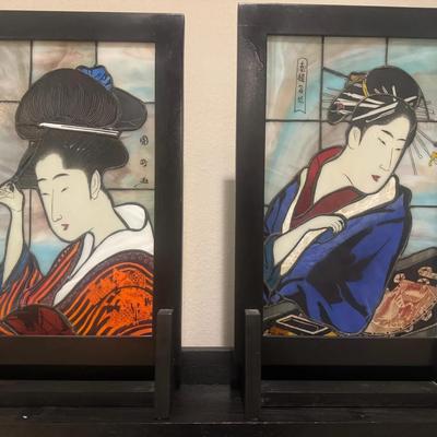Japanese Geisha Stained Glass Art (Set of 2)