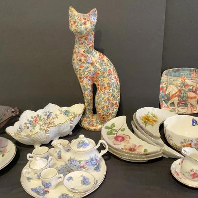 Floral Decoupage Cat with English Bone China Tea Sets and Dishes