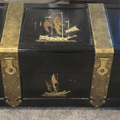 Asian Black Lacquered w/ Brass Ship & Buckles 