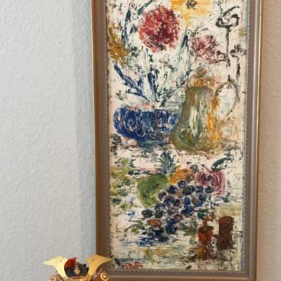 Signed Oil Painting With Vintage Japanese Samurai Warrior Doll